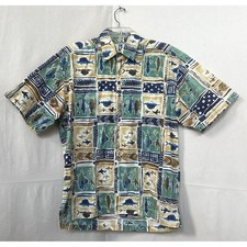 Vtg Kahala Hawaiian Islands Men Fish Block Print Cotton Aloha Shirt Hawaii Sz. M