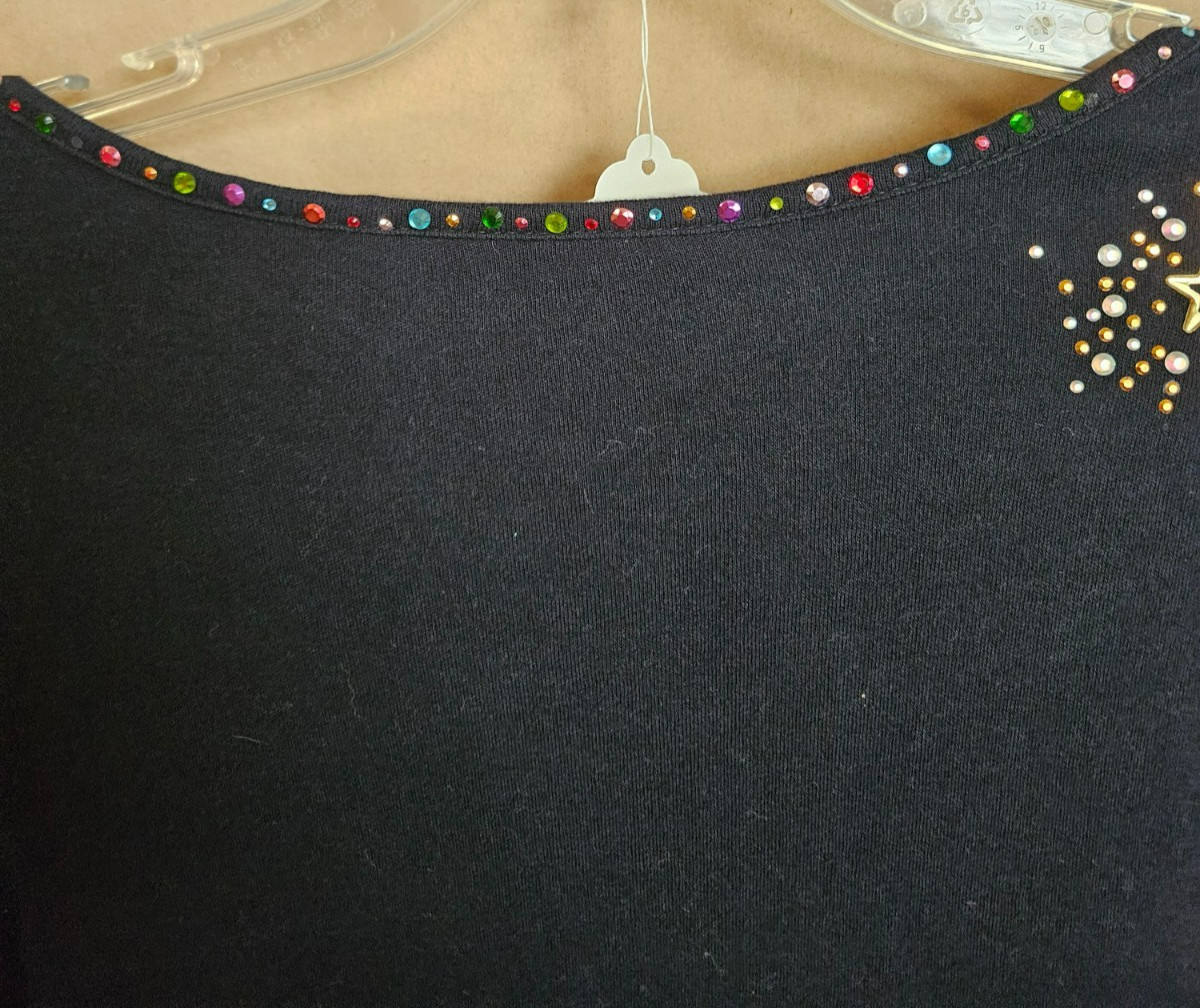 QUACKER FACTORY WOMENS PULLOVER TOP BLACK WITH ANGEL RHINESTONES SIZE 3X #4763