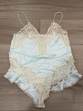Vintage Frederick's of Hollywood Blue Lace Satin Teddy Bodysuit L Coquette USA