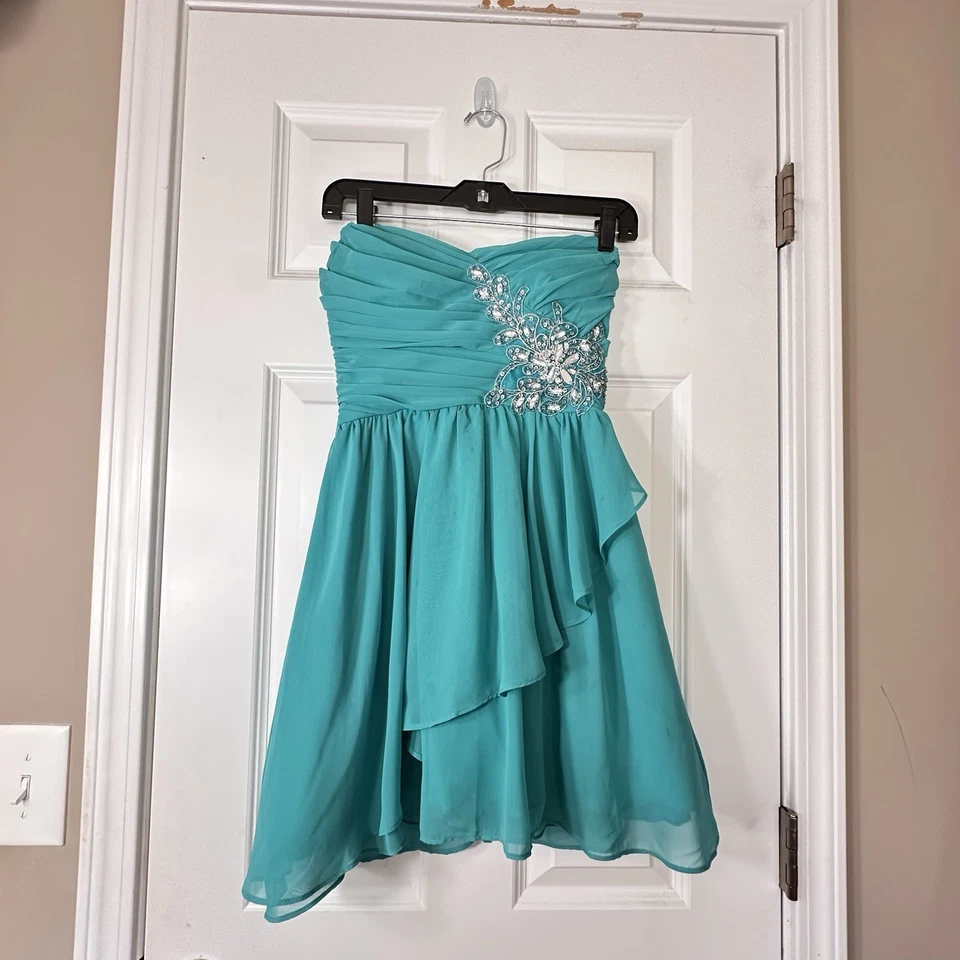 B. Darlin Juniors Talla 5/6 Volantes Turquesa Estrás Sin Mangas Cóctel Foto 3 de 4