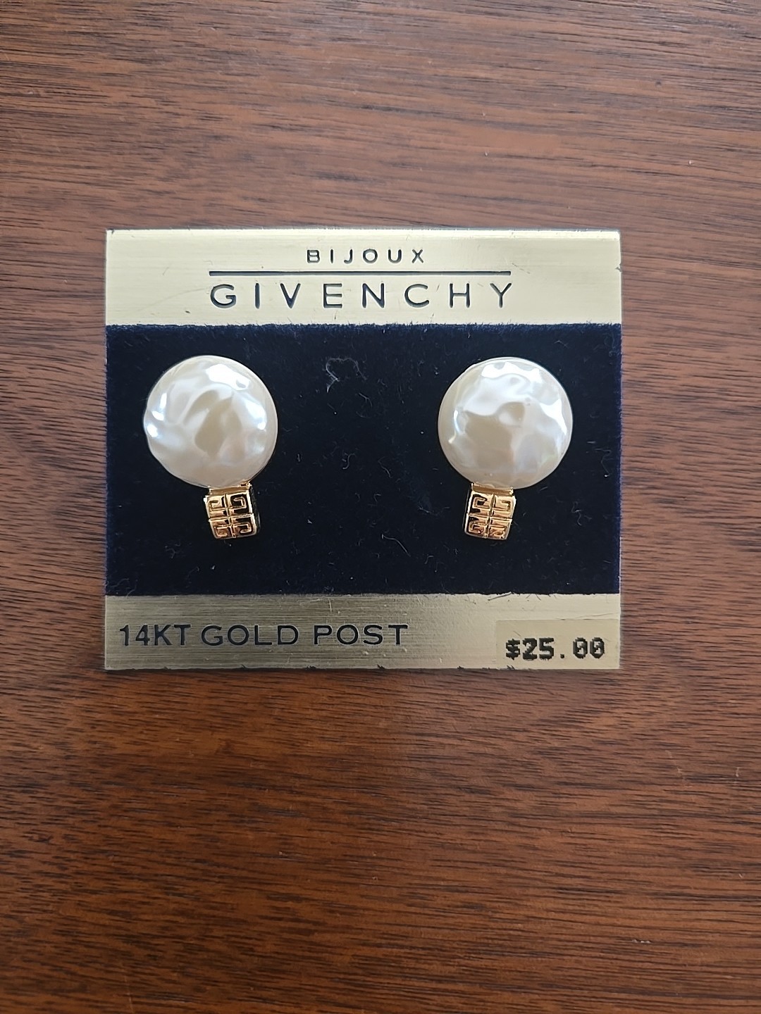 NEW Vtg 80's Bijoux Givenchy Pierced 14K Post Gold Pearl Stud logo earrings