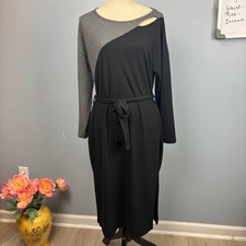 Absolutely Famous Colorblock Sweater Dress Black Gray Tie Belt Pull On XL Long