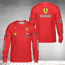 Custom Name - Men's Ferrari Logo Full 3D Red Long Sleeve Shirt All Size S-5XL