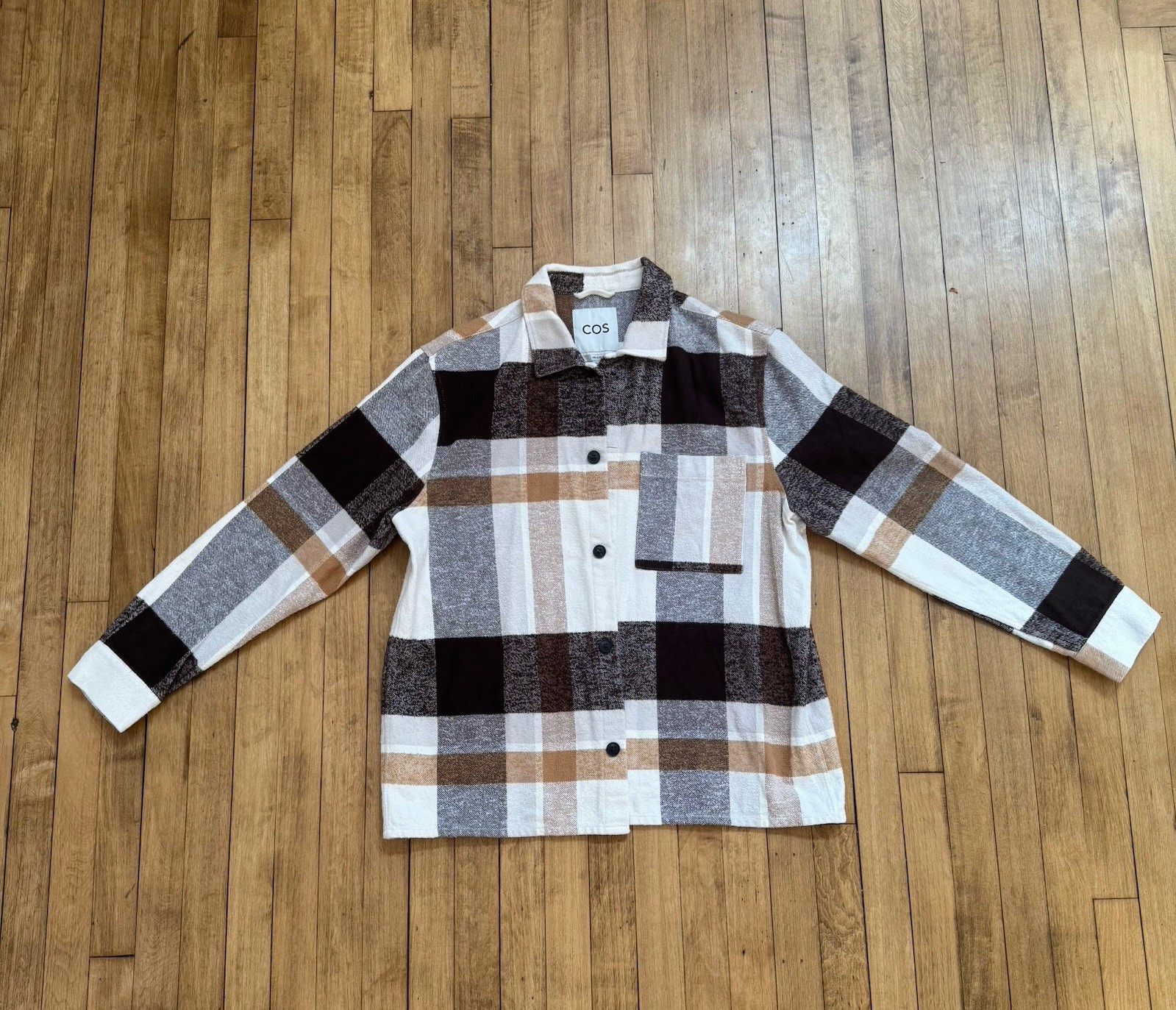 COS Men's Relaxed Plaid Flannel Button-Up Shirt Brown White Black Long Sleeve XL