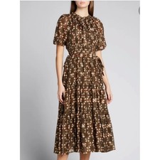 Ulla Johnson Tunis Midi Dress 100% Silk Olive Prism Metallic Puff Sleeve Size 4