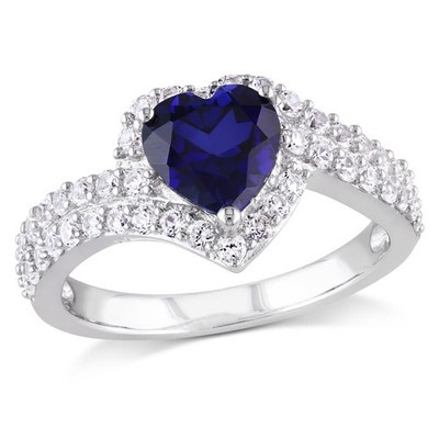 AMOUR Created Blue and Created White Sapphire Heart Halo Double Row Ring In