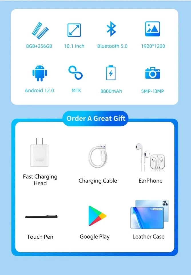 2025 10.1" Tablet Android12 8+256GB , Wifi 5G 4G Dual SIM GPS Keyboard Included - Image 3 of 4