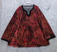 Venezia Paisley Velvet Tunic Top Size 3X Boho V Neck Long Sleeve Office Plus Red