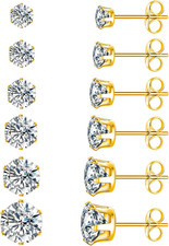 18K White Gold Plated round Clear Cubic Zirconia Stud Earring Pack of 6 Pairs 6