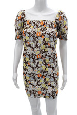 Tory Burch Women Shift Dress Brown Floral Square Neck Sleeve Cotton Size S
