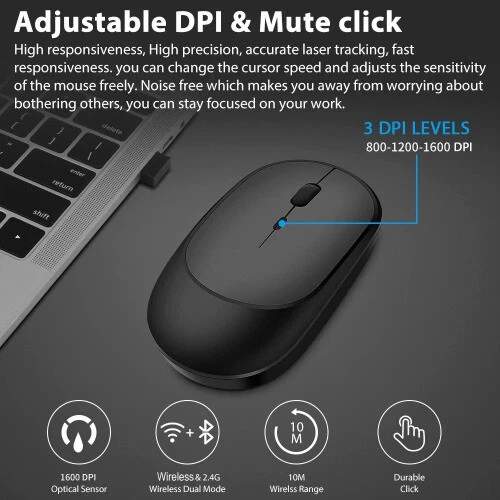 Original Wireless Bluetooth Mouse Silent Adjustable DPI USB Rechargeable - Image 4 of 4