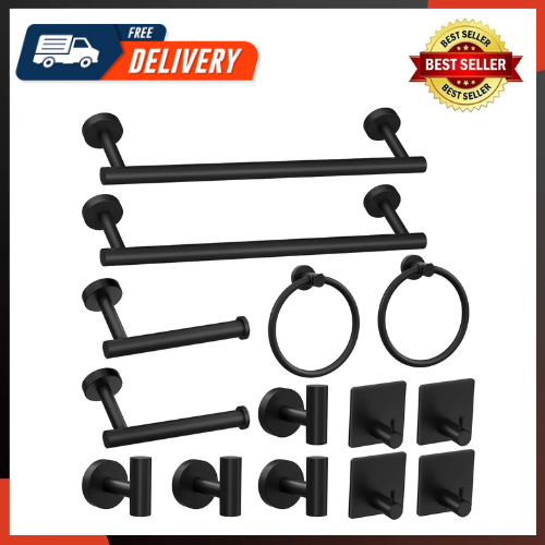 14-Piece Matte Black Stainless Steel Bathroom Hardware Set-image