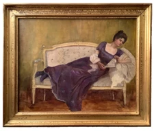 19th Century Impressionism Beautiful Portrait of a Woman with a Fan Oil Canvas