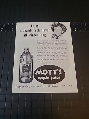 1945 Motts Apple Juice Orchard Fresh Flavor All Winter Long Print Ad 5X6