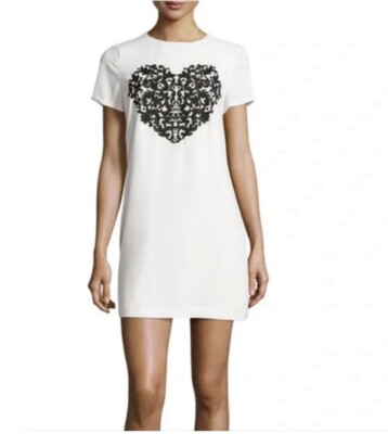 CeCe By Cynthia Steffe Embroidered Black Heart White Shift Dress Size 6 