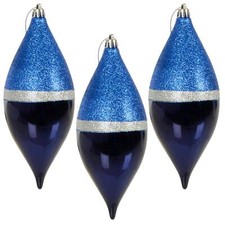 Blue Christmas Tree Baubles 3 Pack Large Navy Silver Glitter Round Teardrop