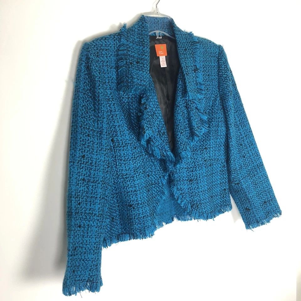 Hearts of Palm Fringed Blue Black Tweed Textured Blazer Jacket Size 14 Career - Image 3 of 4