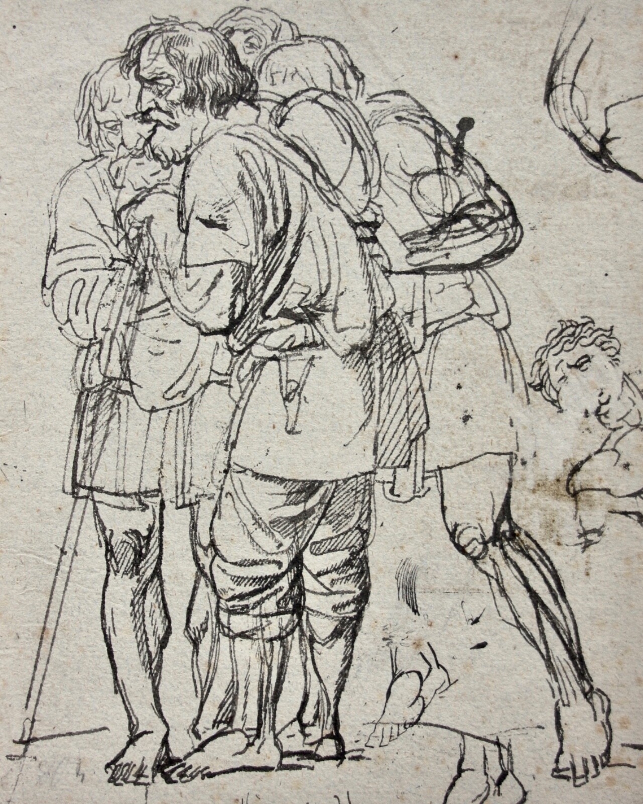 Gruppe von vier Männern, Anbetung der Hirten, barocke Federzeichnung, 17. Jh