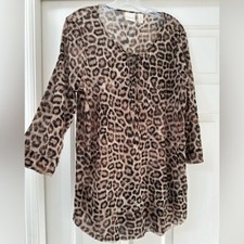 Chico's Leopard Print Sheer Stretchy Tunic Top Size 2 L/ XL Tie 3/4 Sleeve