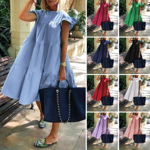 Women Short Sleeve Casual Party Dresses Loose Sundress Ladies Cotton Shirt Dress