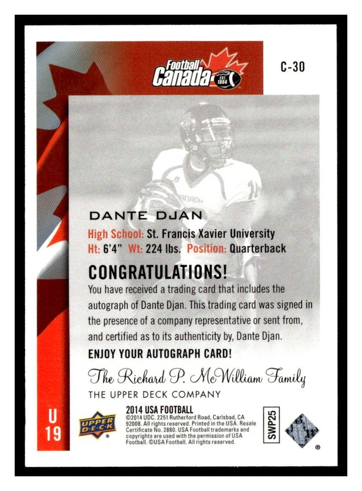 Dante Djan 2014 Upper Deck USA C30  UPPER Team Canada - Image 2 of 2