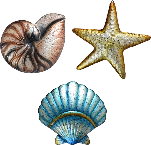 3 Pcs Metal Beach Wall Decor Sea Star Shell Conch Metal Decor Ocean Theme Marine