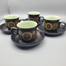Denby Stoneware Arabesque Set 4 Coffee Cup/Mugs Saucers England Brown 6 oz