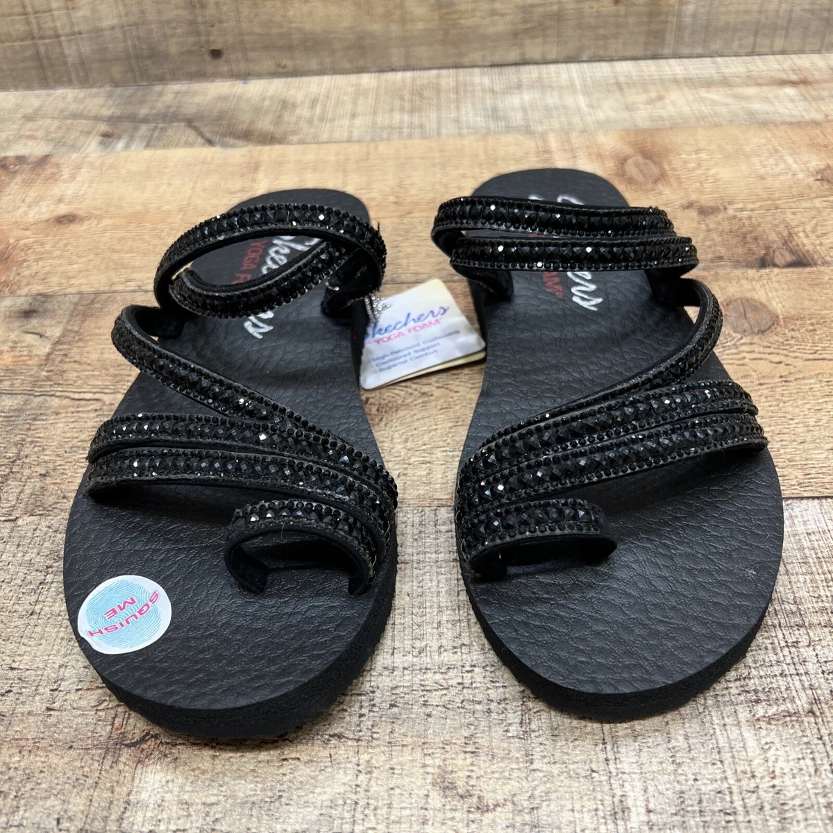 Skechers Yoga Foam Vegan Sparkle Black Womens Sandals Comfort Size