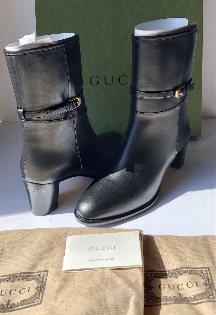 Gucci $1590 Black Leather Charlotte Ankle Boots Logo Heel EU36, US
