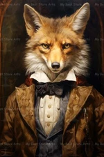 VICTORIAN  FOX ART PRINT, Animal Portrait, Wolf Poster Dark Gothic Art C169