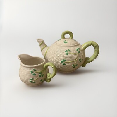 Celtic Classics White Basketweave Tea Pot W/ Lid And Creamer Green Shamrocks