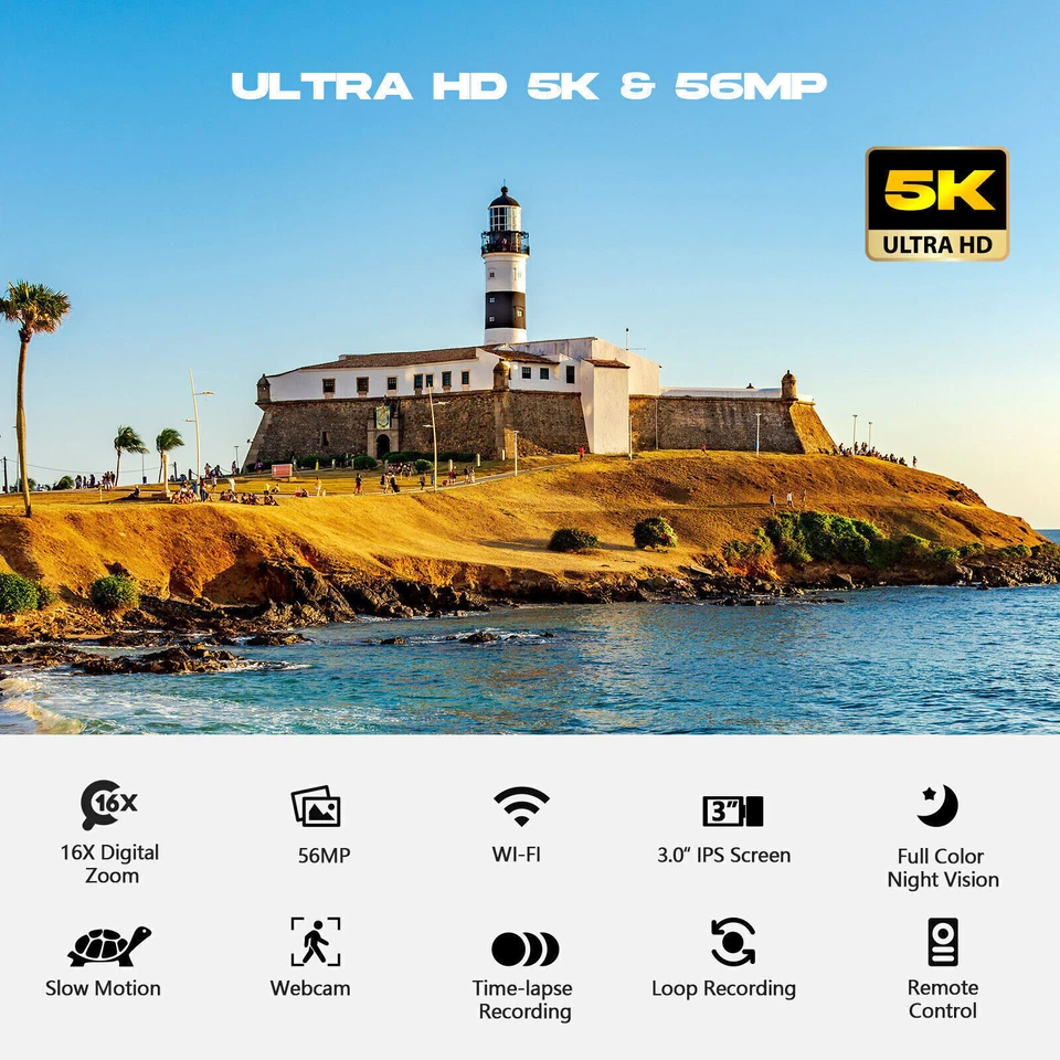 ✅5K Video Camera 56MP 16X Digital Zoom Camcorder WiFi Vlogging Camera w/ Tripod - image 4 of 4