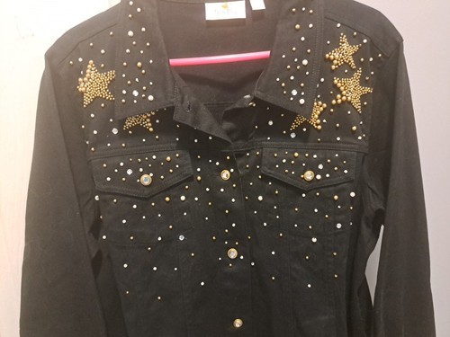 QUACKER FACTORY Blk Sz L Denim Rhinestones&Pearls Jacket NEW - Picture 6 of 11