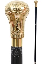 Brass Knob Walking Stick 37 Inch Black Wood Cane with Gold Handle