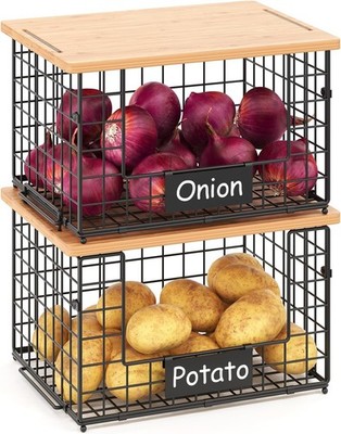 2 Set XL Stackable Wire Baskets with Bamboo - Pantry Organizers and Storage,
