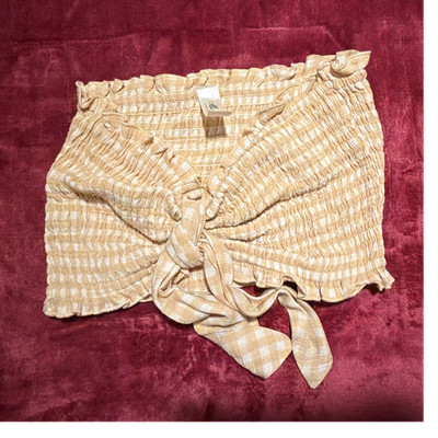 Mahina Gingham Ruffle Tie Cropped Tube Top Beige White Size S