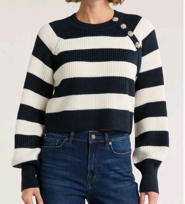 Cinq à Sept Size Medium Keren Navy Blue Ivory Button Shoulder Sweater MSRP $285
