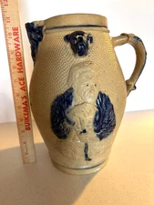 VINTAGE WHITES UTICA PROSIT BULLDOG  FACE 11" PITCHER Blue Salt Glaze
