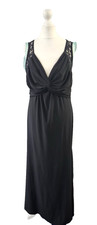 Miusol Women's Black Maxi Dress Thigh Slit Size L Green Lace Trim Ruched Chest