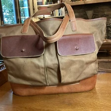 Hunter Boots Leather & Canvas Tote Bag  Brown Shoulder Pockets Travel Commute