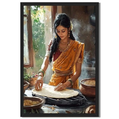 Indian Woman Cooking Traditional Bread Canvas Oil Paintings Reproduction