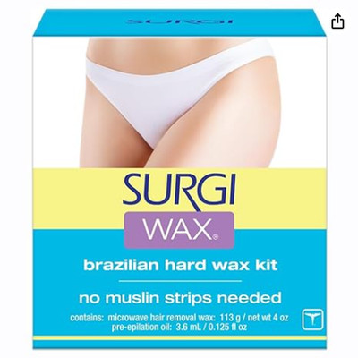 SURGI WAX Brazilian Hard Wax Kit 4oz, Waxing Kit for Hair Removal with pre-elipa