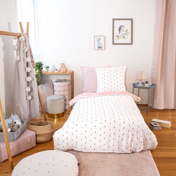 Housse de couette 140x200 coton gaufré et taie d'oreiller fleurie