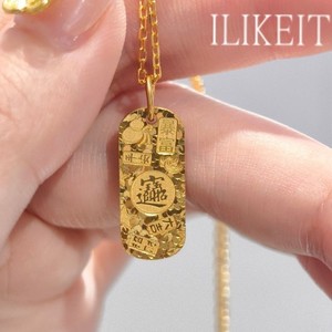 Authentic S925 Silver Gold Plated Crushed Ice Lucky Tag Pendant Necklace Wealth Jewelry