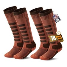 2-Pair Merino Wool Ski Socks, Made in USA Over-the-Calf Skiing Medium Mahogany