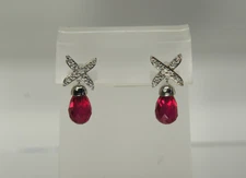 David Yurman 925 Silver Red GARNET  Diamond X Briolette Drop 585 Stud Earrings