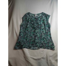 Worthington Petite Green Navy Floral Sleeveless Pleated Blouse Womens PL