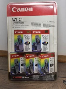 Lot of 5 Genuine Sealed OEM Canon BCI-21 Ink Cartridges 2 Color and 3 Black New