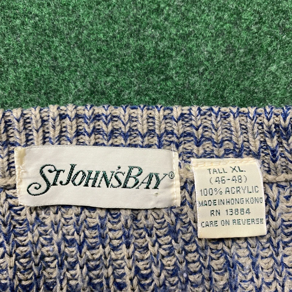复古 St. John’s Bay 毛衣男式 XL 高灰色蓝色针织渔夫运动衫 — 第 3/4 张图片