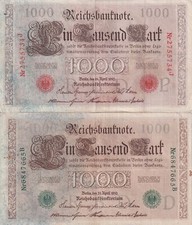 Germany SET 2 , 1000 Mark 1910 Green + Red Seal P 44 45 Fine Used Circulated NR